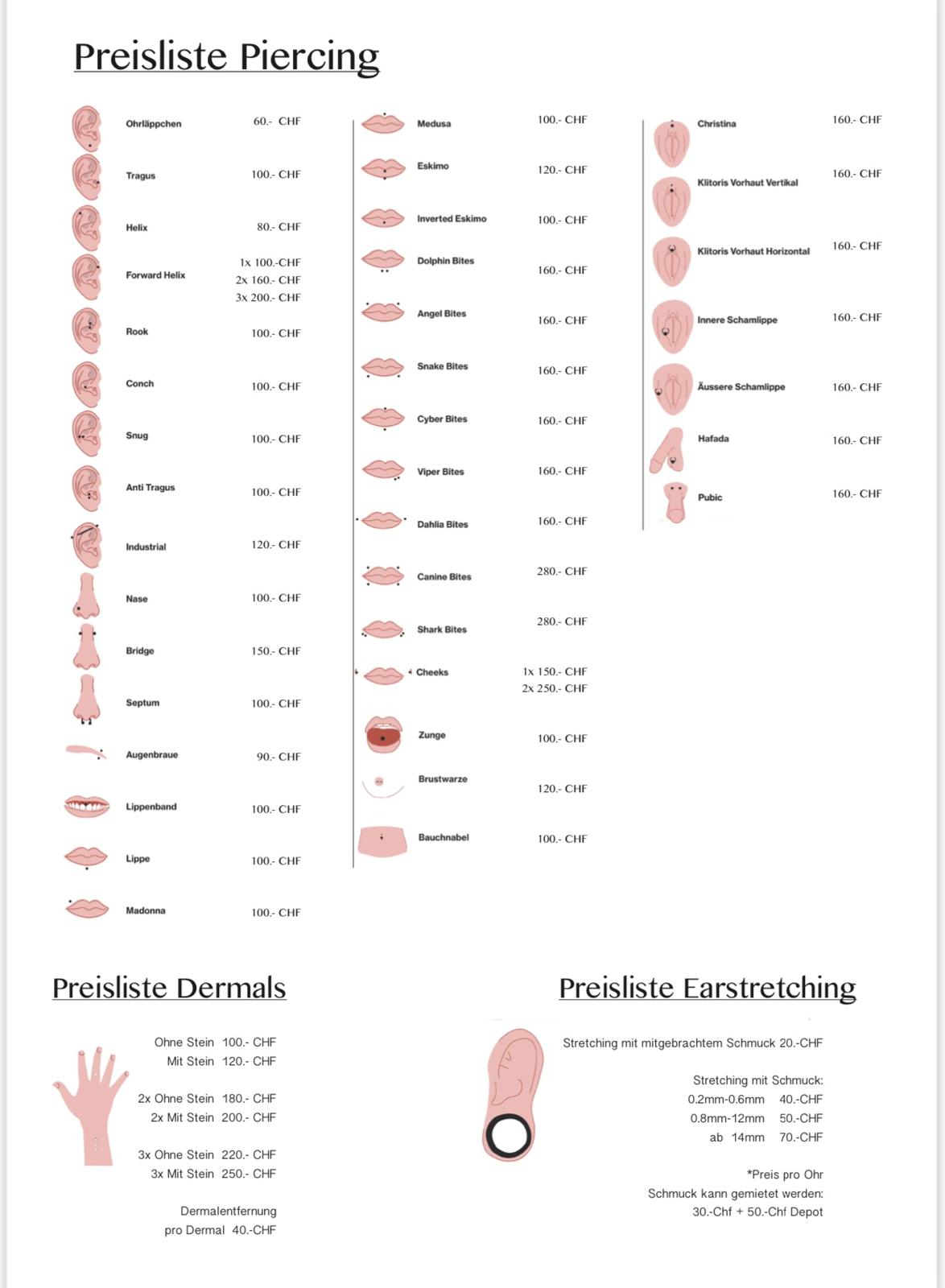preisliste Preisliste für unsere Piercings, Dermals und Earstretching